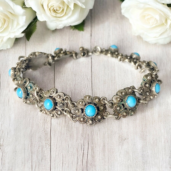 Antique 800 Silver Edwardian Etruscan Style Turquoise Bracelet. - Picture 1 of 6